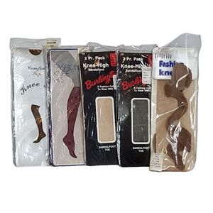 Vintage Sandalfoot Nylon Knee High Socks 7 Pair Black Beige Wine Tan